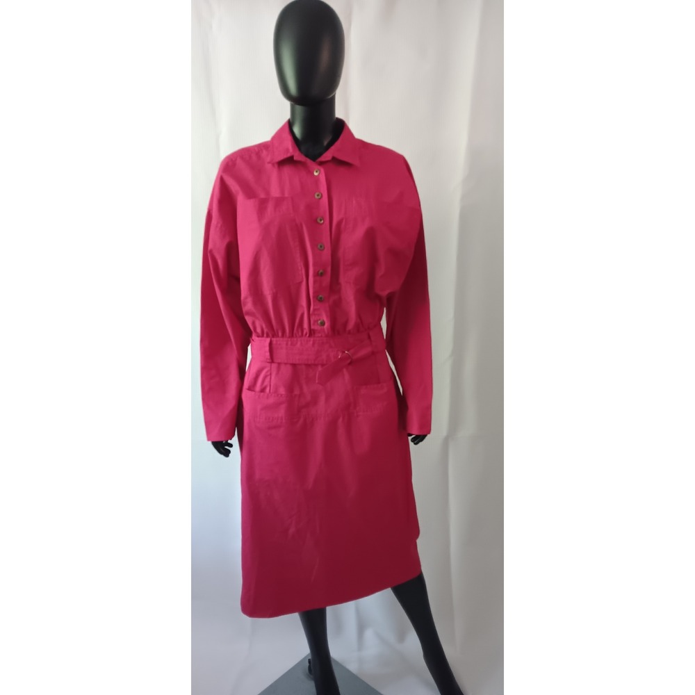 Vintage Sunshine Starshine Red Belted Button Down Midi Shirt Dress Sz 14 KS0328